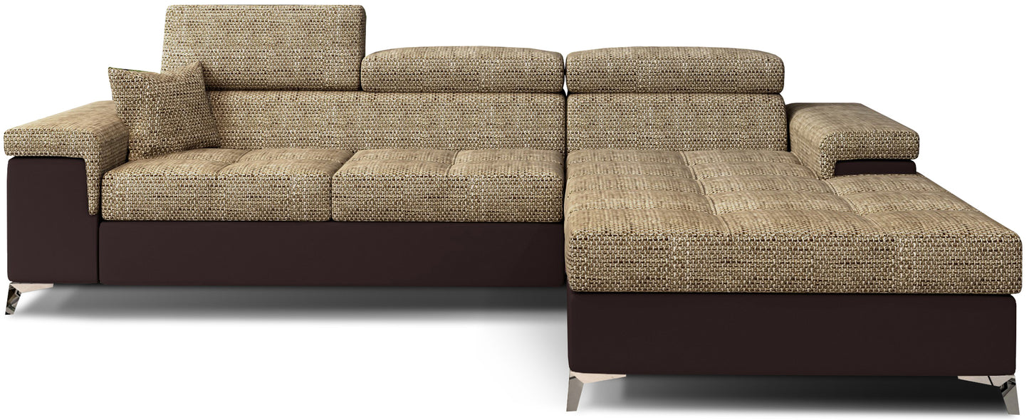Narożnik Ricardo w tkaninie Berlin 03 ciemnobeżowy / Soft 66, układ prawy – widok z przodu – nowoczesna sofa narożna w kształcie litery L z szezlongiem po prawej stronie i regulowanymi zagłówkami.