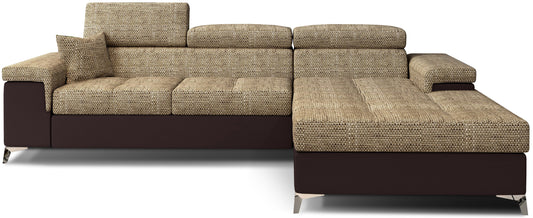 Narożnik Ricardo w tkaninie Berlin 03 ciemnobeżowy / Soft 66, układ prawy – widok z przodu – nowoczesna sofa narożna w kształcie litery L z szezlongiem po prawej stronie i regulowanymi zagłówkami.