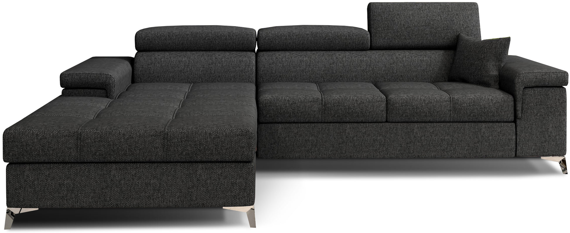 Narożnik Ricardo w układzie lewym, tapicerowany tkaniną Inari 96 ciemnoszary, z regulowanymi zagłówkami, szerokimi podłokietnikami i poduszką dekoracyjną, prezentowany na białym tle.