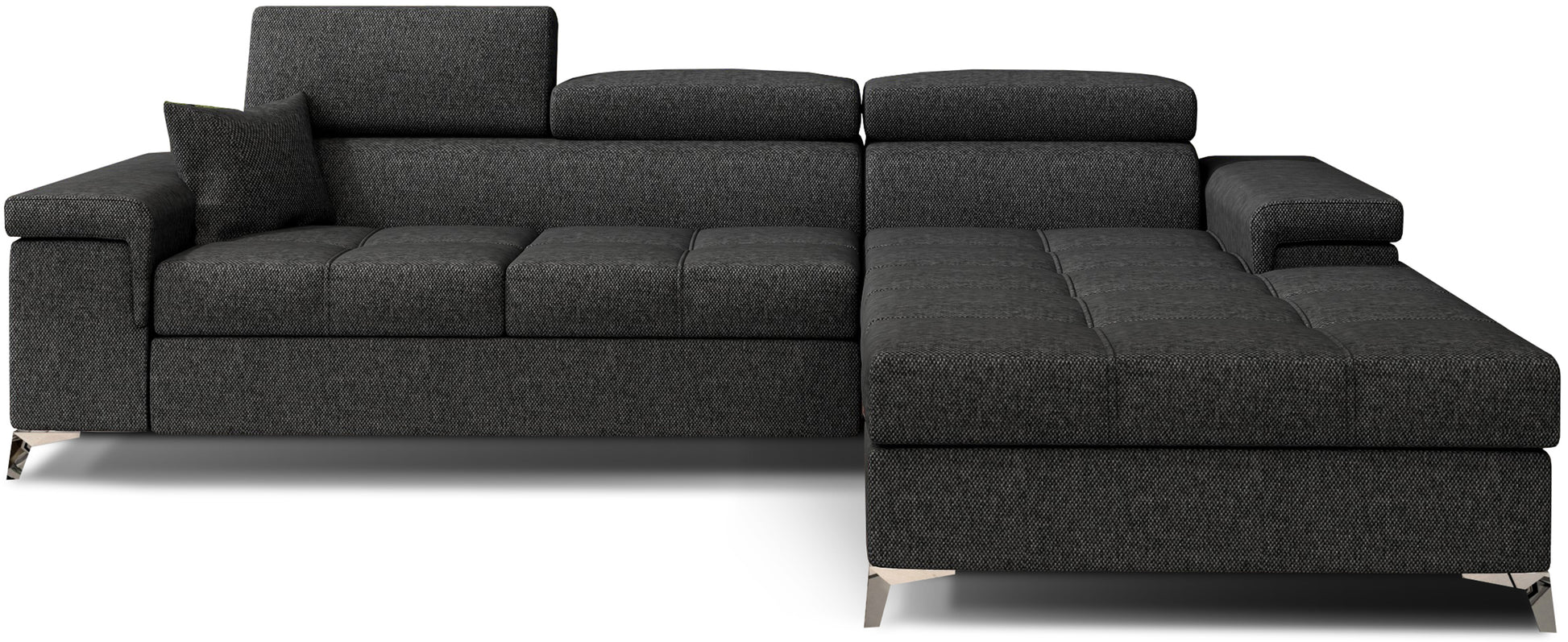 Narożnik Ricardo w tkaninie Inari 96 ciemnoszary, układ prawy – widok z przodu – elegancka sofa narożna w kształcie litery L z szezlongiem po prawej stronie i regulowanymi zagłówkami.