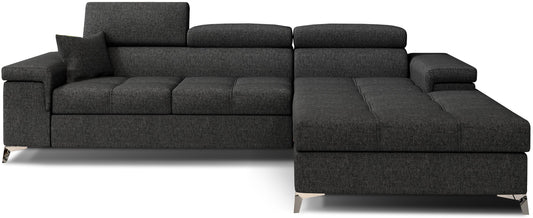 Narożnik Ricardo w tkaninie Inari 96 ciemnoszary, układ prawy – widok z przodu – elegancka sofa narożna w kształcie litery L z szezlongiem po prawej stronie i regulowanymi zagłówkami.