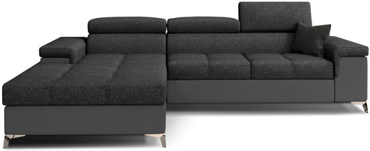 Narożnik Ricardo w układzie lewym, tapicerowany tkaniną Inari 96 ciemnoszary z wykończeniem Soft 29 brązowy, z regulowanymi zagłówkami i szerokimi podłokietnikami, prezentowany na białym tle.