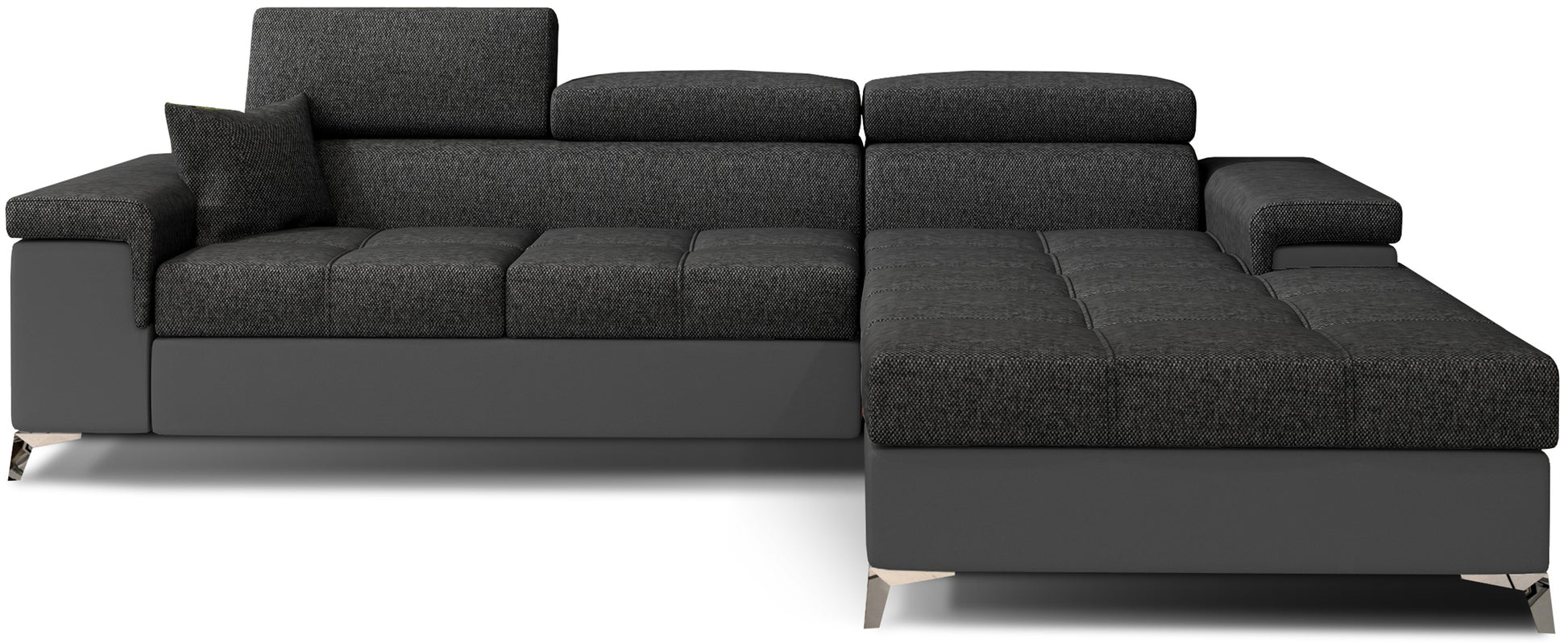 Narożnik Ricardo w tkaninie Inari 96 ciemnoszary / Soft 29, układ prawy – widok z przodu – elegancka sofa narożna w kształcie litery L z szezlongiem po prawej stronie, regulowanymi zagłówkami i kontrastowym wykończeniem boków.