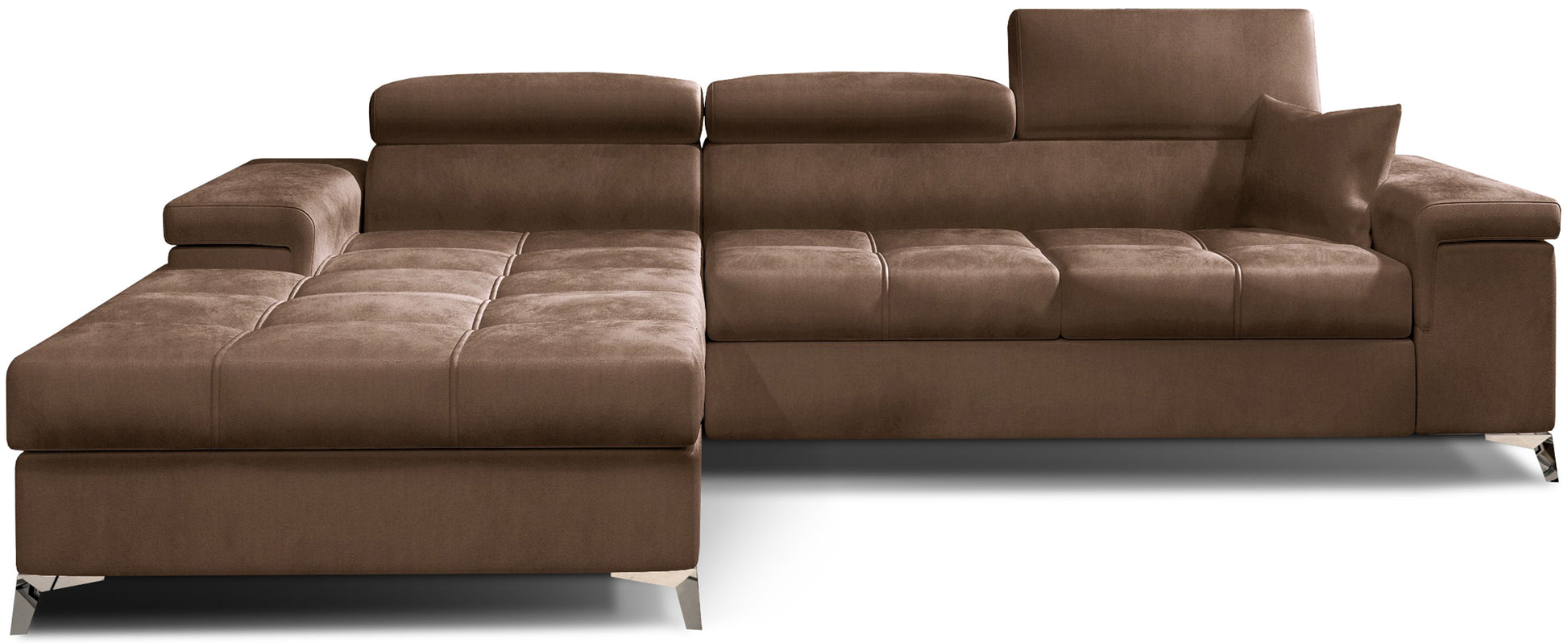 Narożnik Ricardo w kolorze Monolith 09 jasnobrązowy, układ lewy – widok studyjny z przodu – nowoczesna sofa narożna z szerokim szezlongiem po lewej stronie, regulowanymi zagłówkami i eleganckim pikowaniem siedziska.