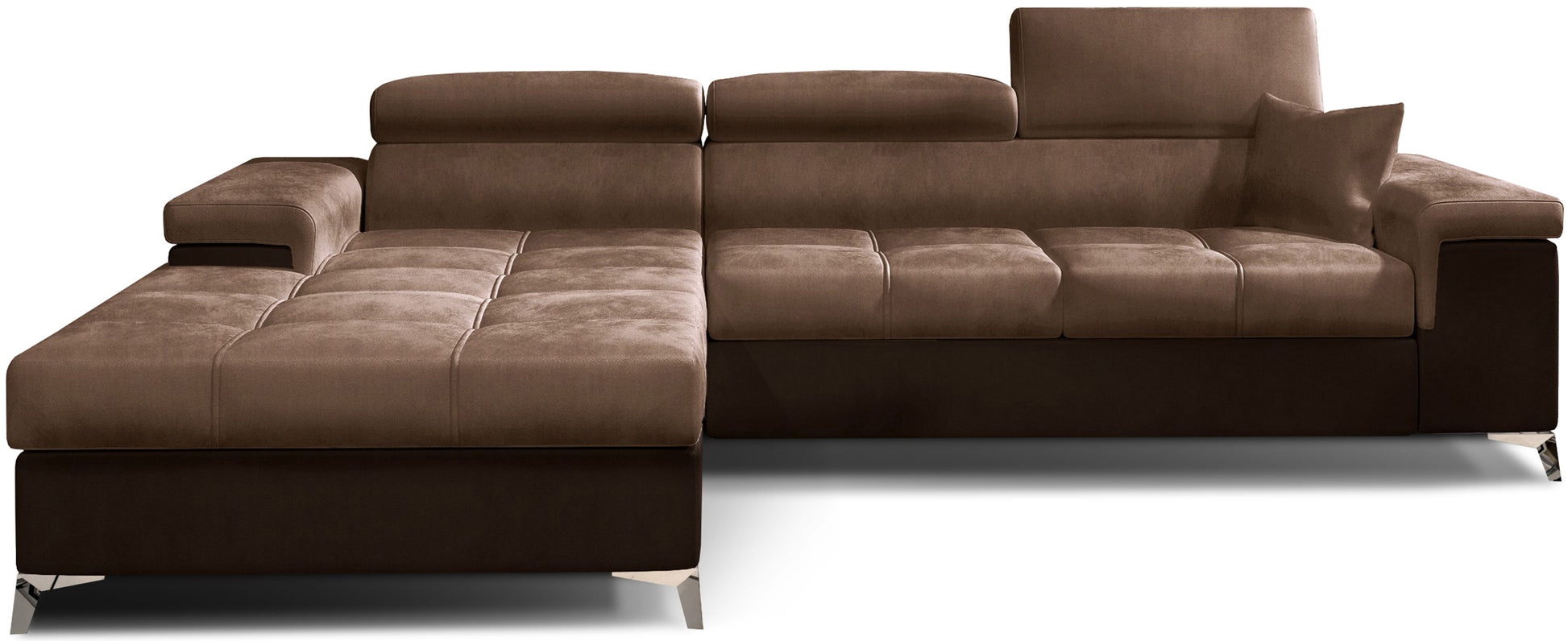 Narożnik Ricardo w układzie lewym, tapicerowany tkaniną Monolith 09 jasnobrązowy z elementami w kolorze Monolith 29 brązowy, z regulowanymi zagłówkami i szerokimi podłokietnikami, prezentowany na białym tle.