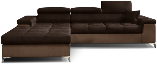 Narożnik Ricardo lewostronny w tkaninie Monolith 09 jasnobrązowy – widok z przodu – nowoczesna sofa narożna z szerokim szezlongiem po lewej stronie, regulowanymi zagłówkami i ozdobnym pikowaniem siedziska.