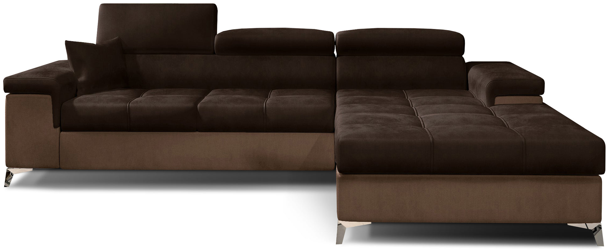 Narożnik Ricardo w tkaninie Monolith 29 brązowy / Monolith 09 jasnobrązowy, układ prawy – widok z przodu – elegancka sofa narożna w kształcie litery L z szezlongiem po prawej stronie, regulowanymi zagłówkami i dwukolorowym wykończeniem.