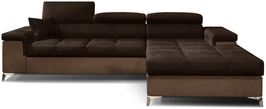 Narożnik Ricardo w tkaninie Monolith 29 brązowy / Monolith 09 jasnobrązowy, układ prawy – widok z przodu – elegancka sofa narożna w kształcie litery L z szezlongiem po prawej stronie, regulowanymi zagłówkami i dwukolorowym wykończeniem.