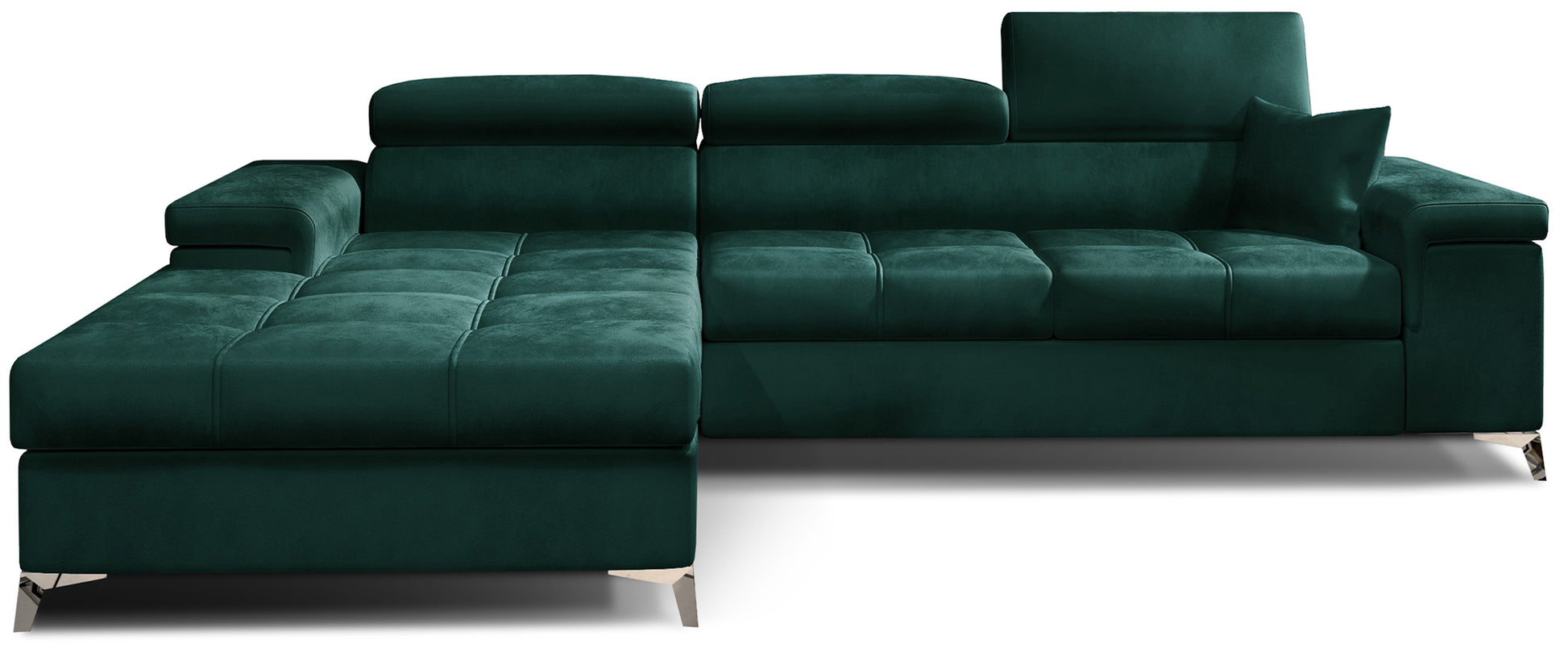 Narożnik Ricardo w tkaninie Monolith 37 zielony, układ lewy – widok z przodu – nowoczesna sofa narożna z szerokim szezlongiem po lewej stronie, regulowanymi zagłówkami i eleganckim pikowaniem siedziska.