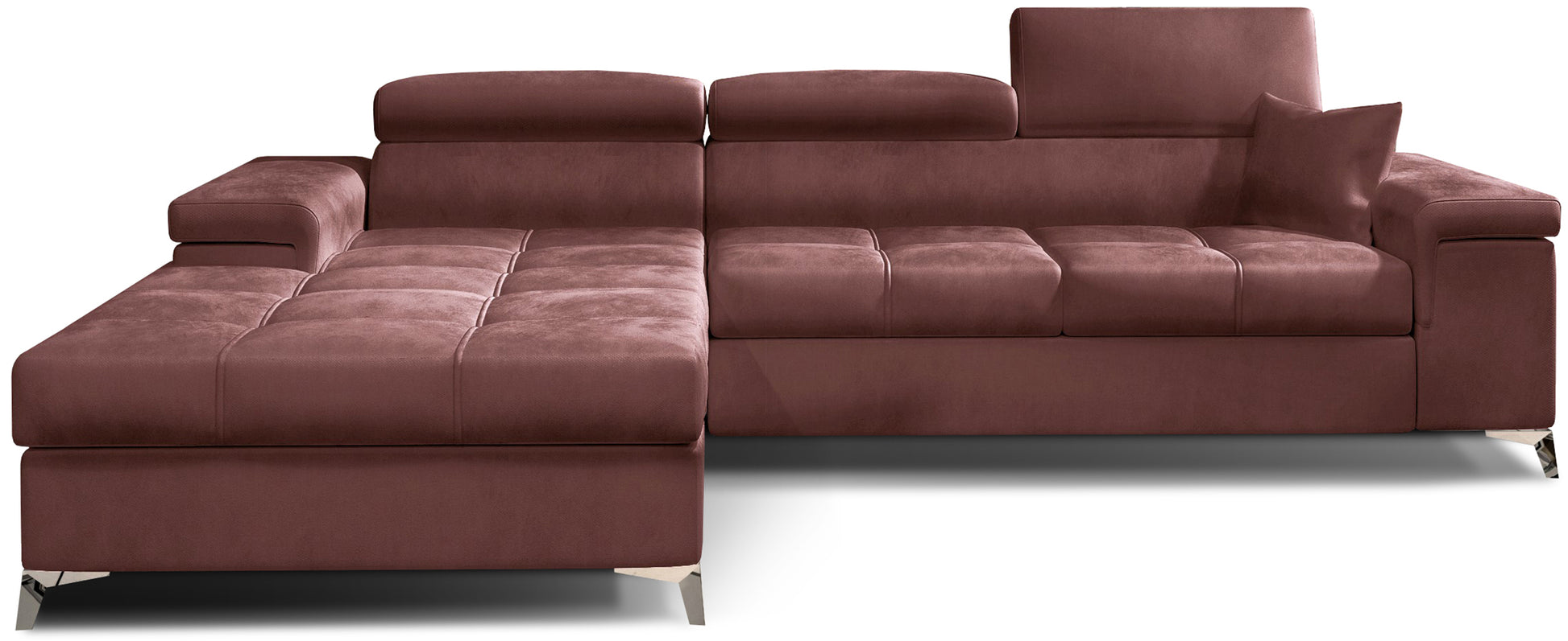 Narożnik Ricardo w tkaninie Monolith 63 różowy, układ lewy – widok z przodu – elegancka sofa narożna w kształcie litery L z szerokim szezlongiem po lewej stronie, regulowanymi zagłówkami i ozdobnym pikowaniem siedziska.
