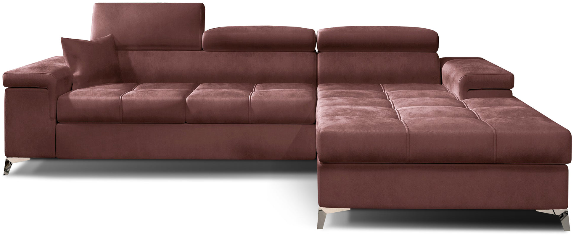 Narożnik Ricardo w tkaninie Monolith 63 różowy, układ prawy – widok z przodu – elegancka sofa narożna w kształcie litery L z szezlongiem po prawej stronie, regulowanymi zagłówkami i dekoracyjnym pikowaniem siedziska.
