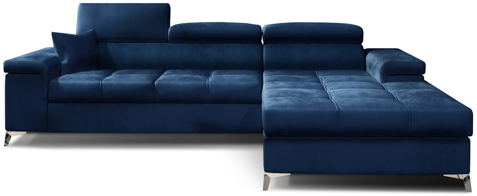 Narożnik Ricardo w tkaninie Monolith 77 granatowy, układ prawy – widok z przodu – elegancka sofa narożna w kształcie litery L z szezlongiem po prawej stronie, regulowanymi zagłówkami i pikowanym siedziskiem.