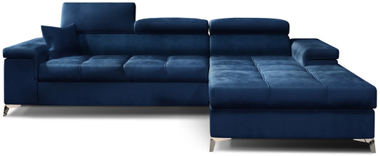 Narożnik Ricardo w tkaninie Monolith 77 granatowy, układ prawy – widok z przodu – elegancka sofa narożna w kształcie litery L z szezlongiem po prawej stronie, regulowanymi zagłówkami i pikowanym siedziskiem.