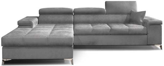 Narożnik Ricardo w tkaninie Monolith 84 jasnoszary, układ lewy – widok z przodu – nowoczesna sofa narożna z szerokim szezlongiem po lewej stronie, regulowanymi zagłówkami i miękkim pikowanym siedziskiem.