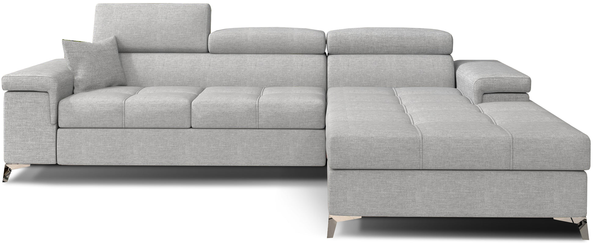 Narożnik Ricardo w tkaninie Sawana 21 szary, układ prawy – widok z przodu – elegancka sofa narożna w kształcie litery L, z szezlongiem po prawej stronie, regulowanymi zagłówkami i pikowanym siedziskiem.