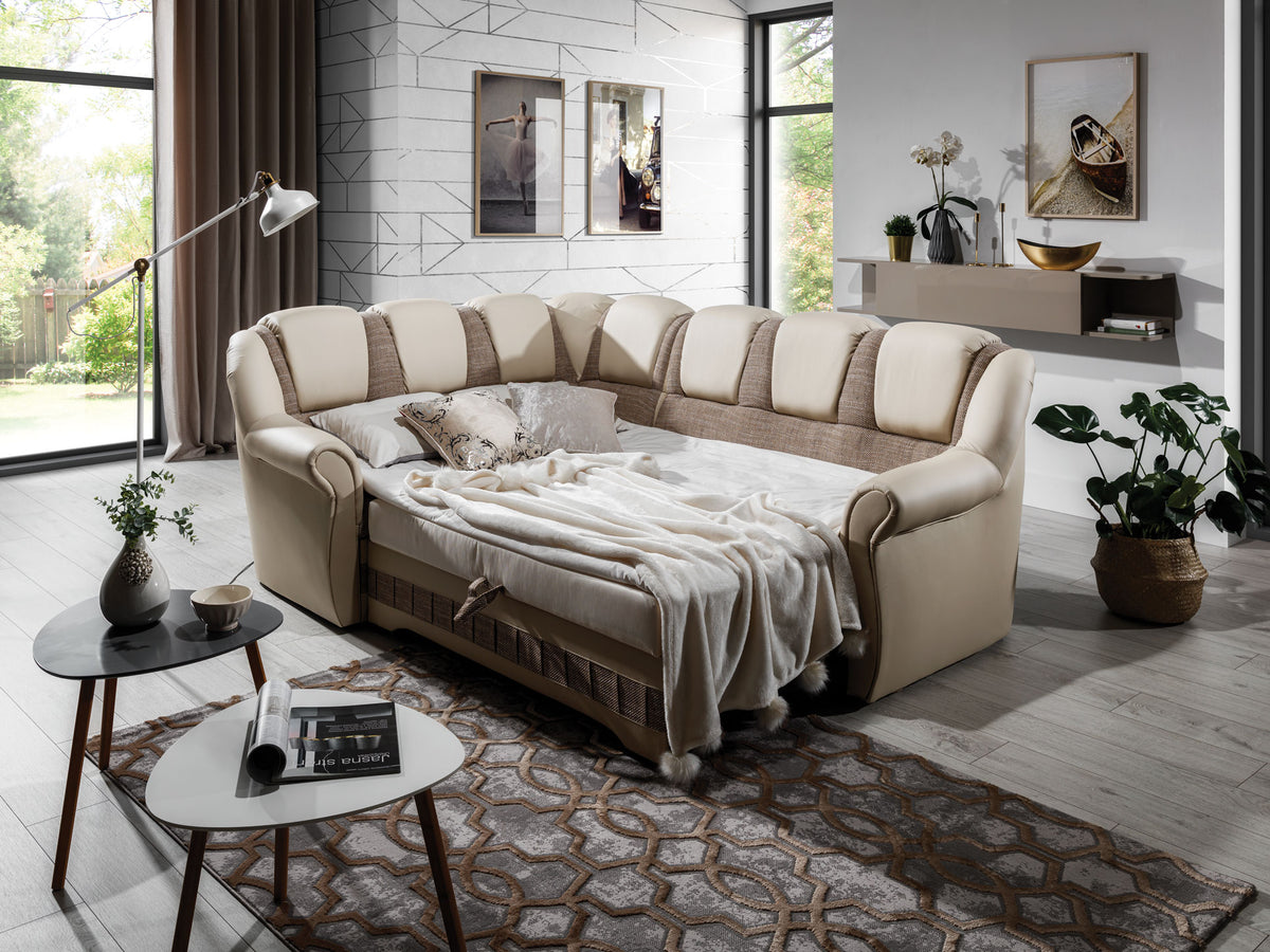 Rozkładany narożnik Lord II lewy w tkaninie Berlin 03 i Soft 33 z dużą powierzchnią spania oraz klasycznymi podłokietnikami. Elegancki narożnik do salonu idealny do wnętrz glamour, modern classic i przytulnych aranżacji rodzinnych.