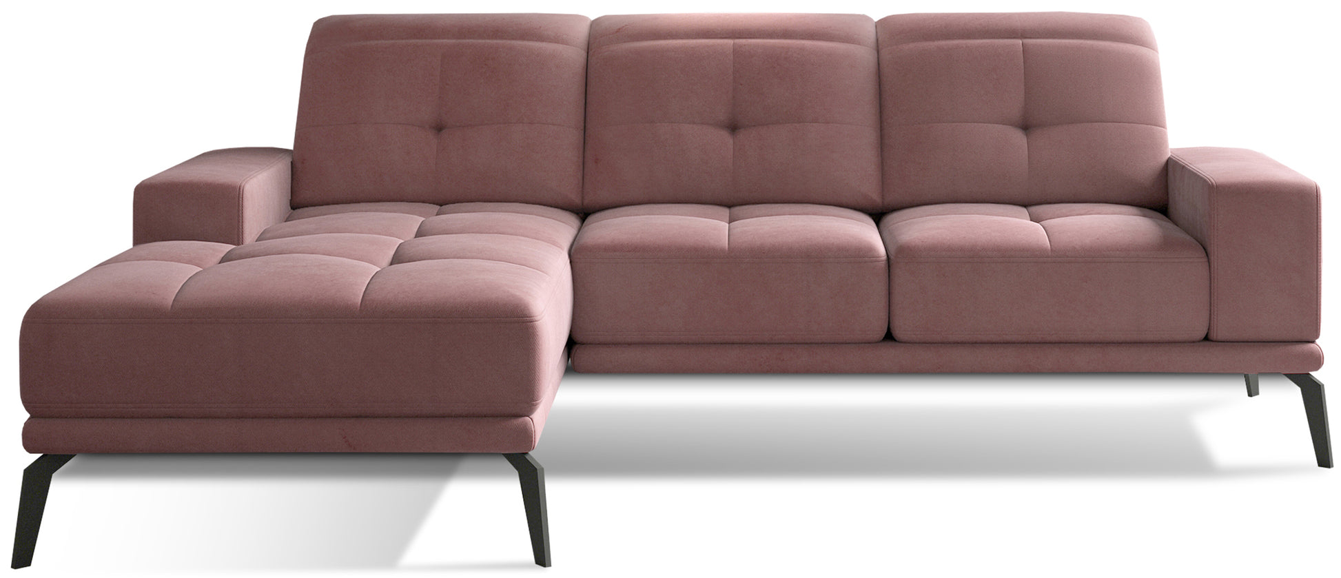 Różowy narożnik Torrense w tkaninie Matt Velvet 63 z eleganckim welurowym wykończeniem i wygodnym szezlongiem. Nowoczesny narożnik do salonu idealny do wnętrz glamour, modern oraz kobiecych aranżacji.