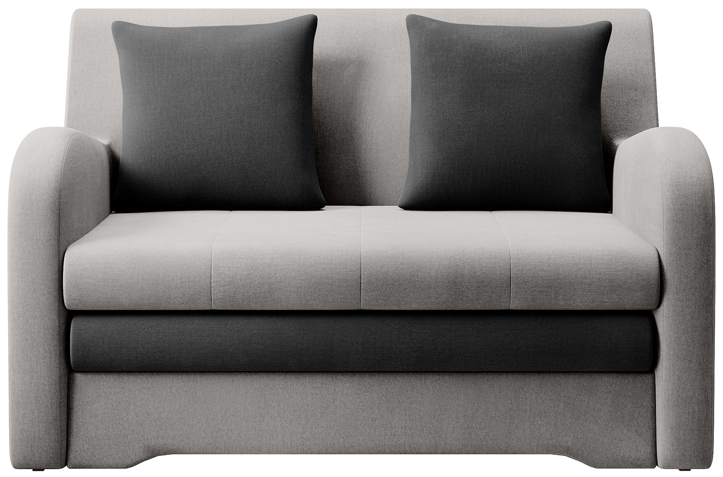 Sofa Ario dwukolorowa (jasnoszara + grafit), packshot front na białym tle, dwie poduszki.