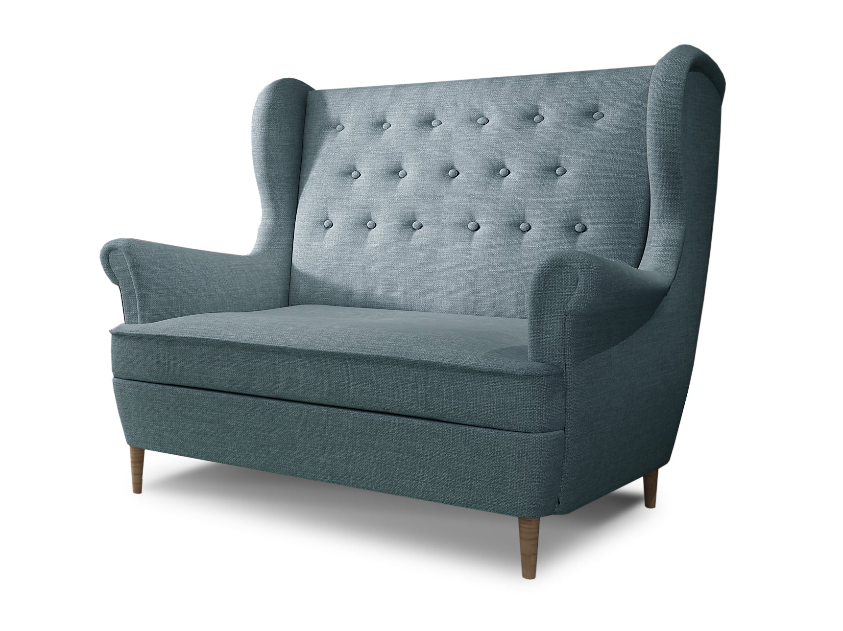 Sofa Aros w kolorze niebieskim Cover 70 – dwuosobowa sofa z wysokim oparciem, ozdobnym pikowaniem i eleganckimi drewnianymi nogami.