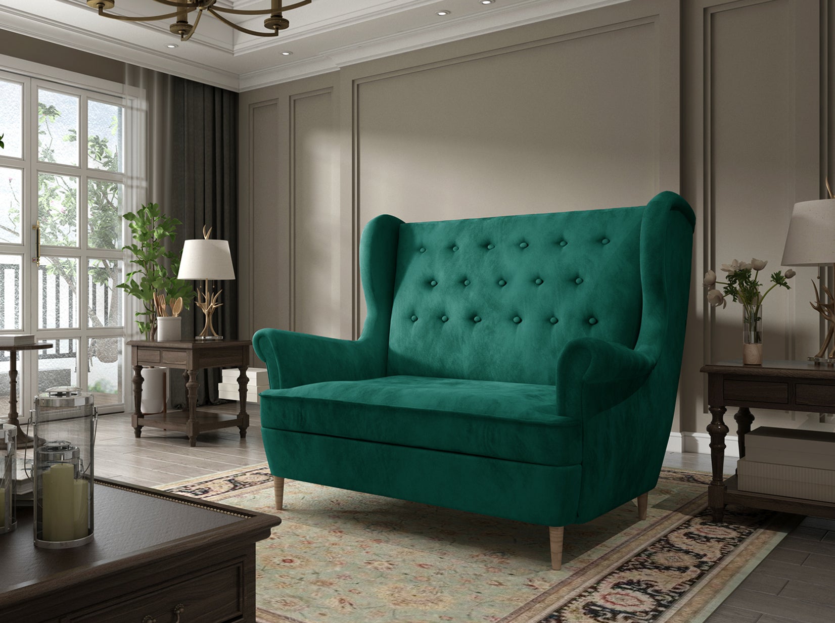 Sofa Aros w tkaninie Monolith 37 zielony – elegancka sofa w nowoczesnym salonie z jasnymi dodatkami, drewnianą podłogą i dużym oknem.