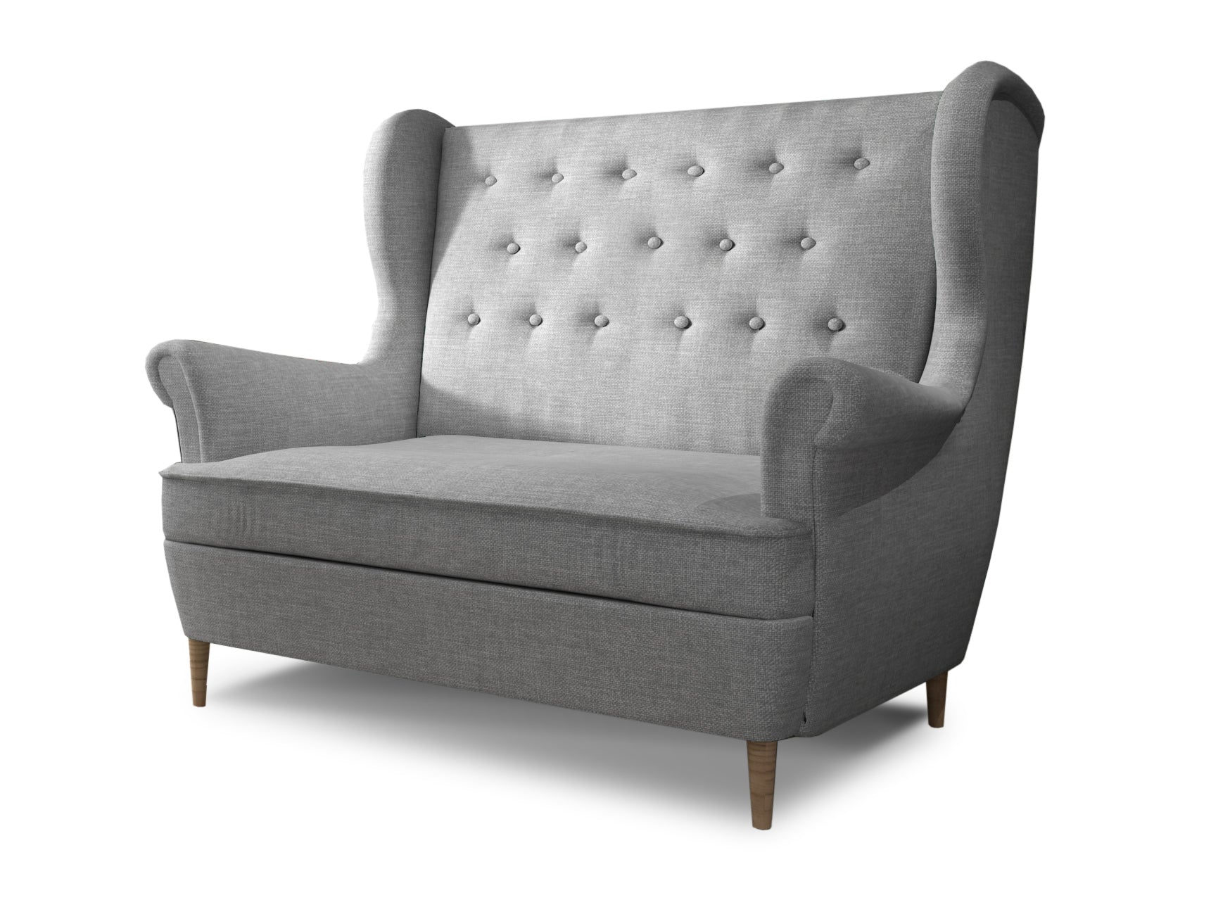 Sofa Aros w kolorze szarym Sawana 21 – dwuosobowa sofa z wysokim oparciem, ozdobnym pikowaniem i drewnianymi nogami.