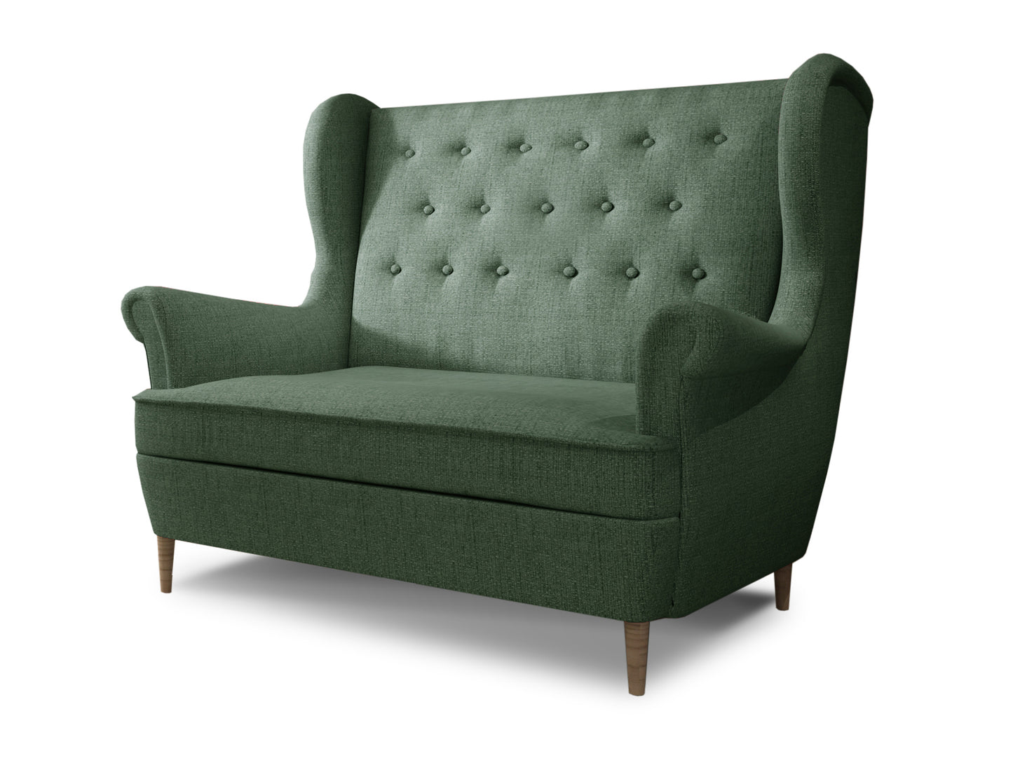 Sofa Aros w kolorze zielonym Solid 39 – dwuosobowa sofa z wysokim oparciem, ozdobnym pikowaniem i drewnianymi nogami.