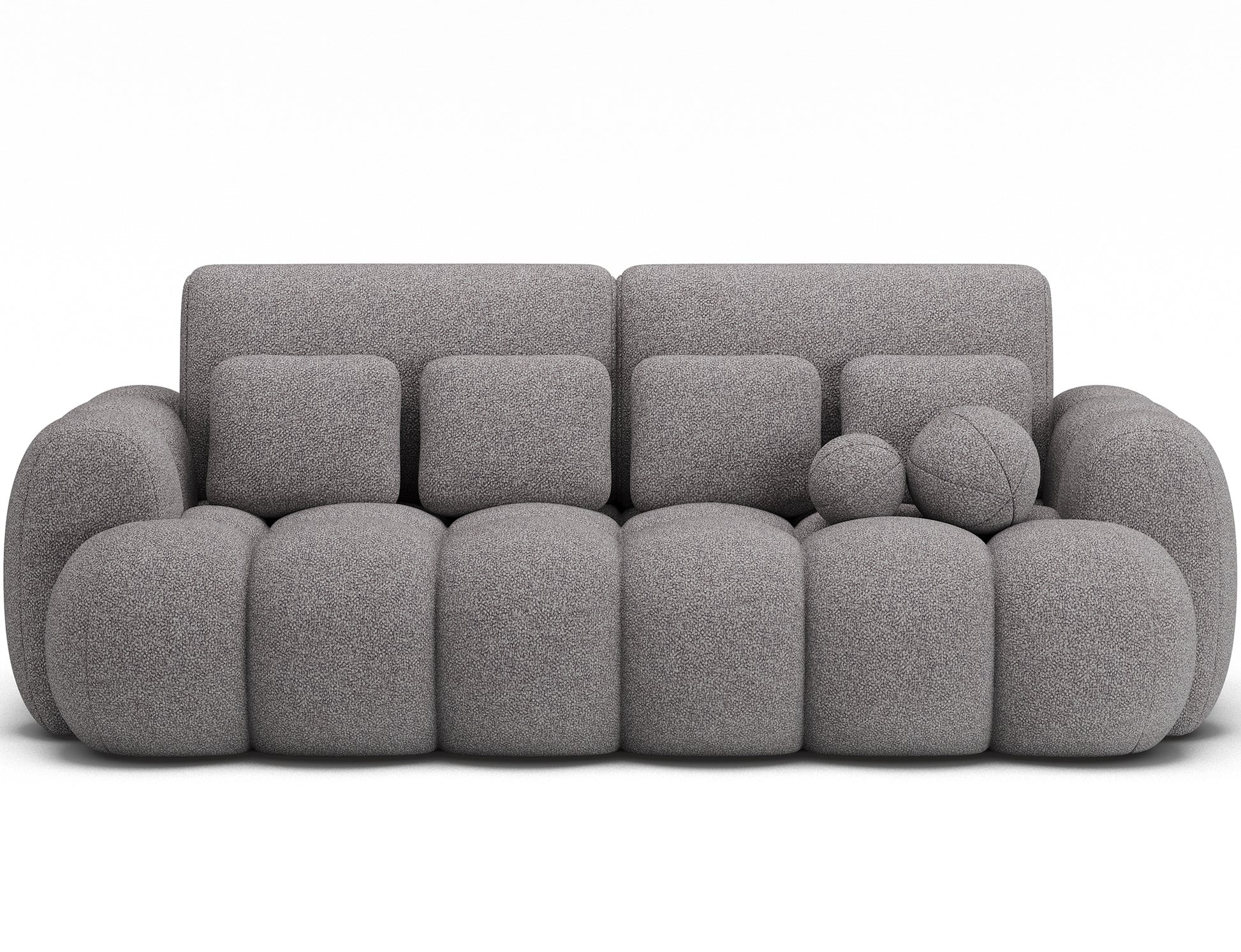 Big Sofa Cotonn w tkaninie Paolli 04 szary, z poduszkami o geometrycznych kształtach, widok na sofę na białym tle.