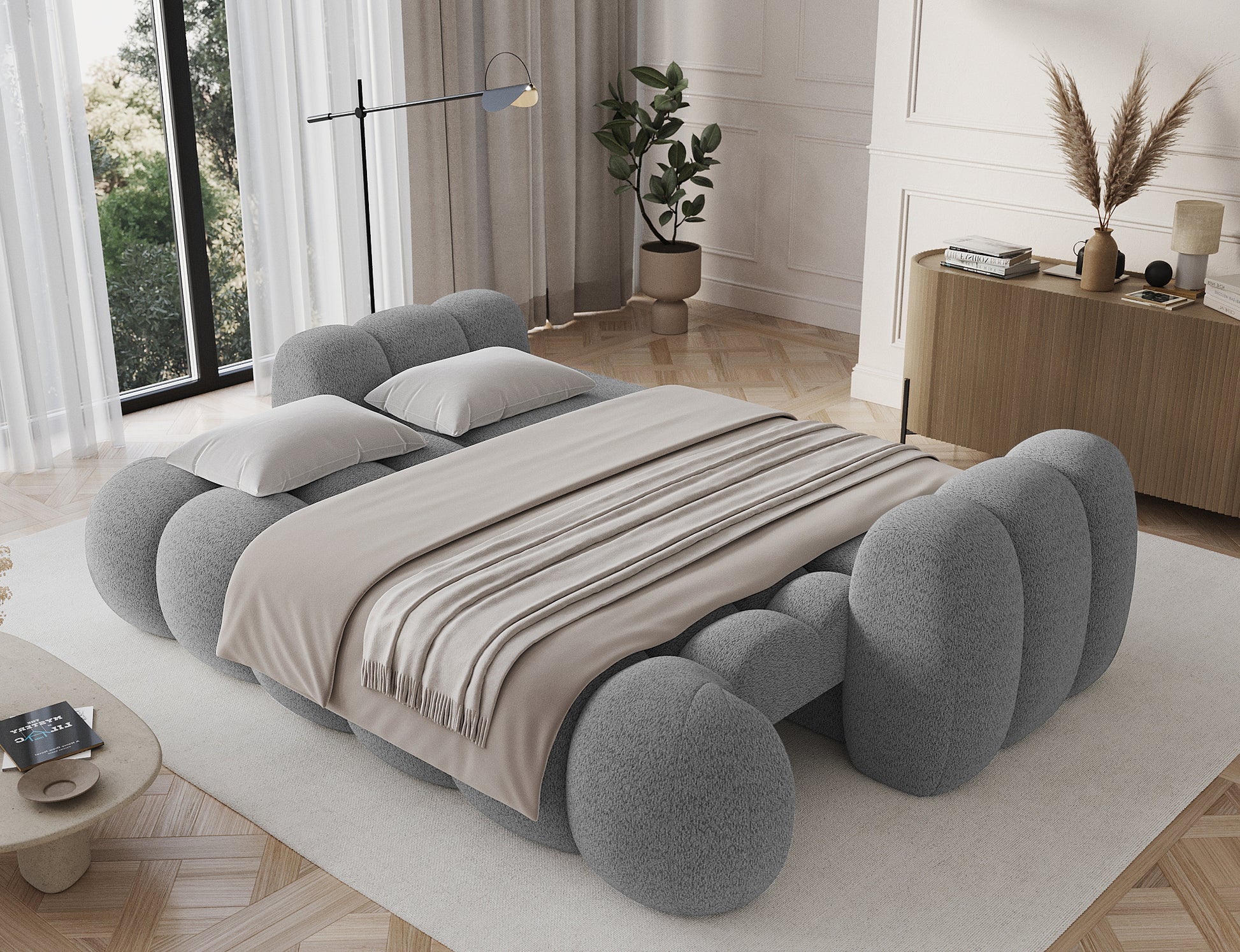 Big sofa Cotonn z funkcją spania w tkaninie Royal 04 szary, rozłożona do pozycji łóżka z pościelą i poduszkami.
