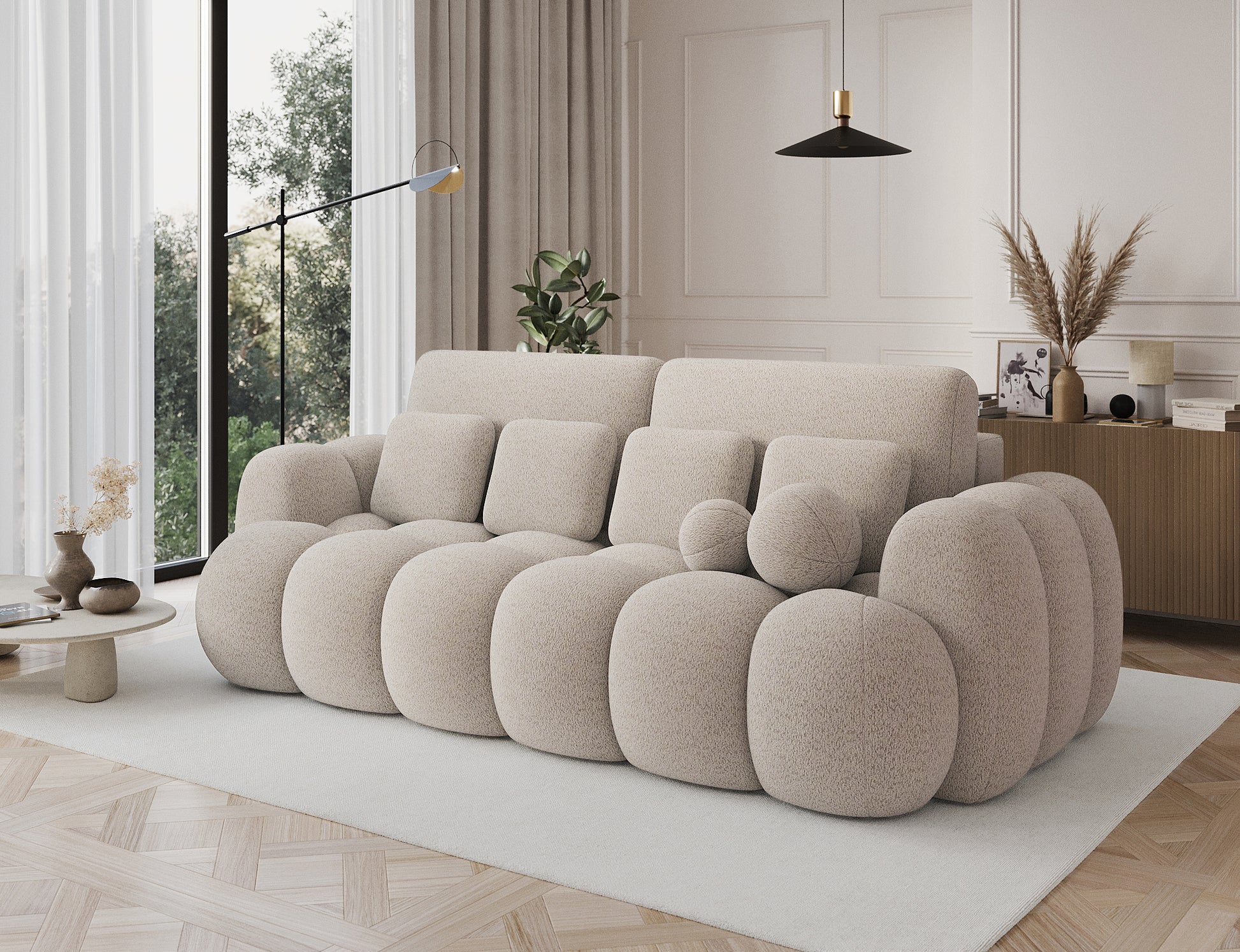 Sofa Cotonn Royal 18 w kolorze beżowym – nowoczesna sofa z funkcją spania, widok z lewej strony w aranżacji salonu w stylu modern classic.