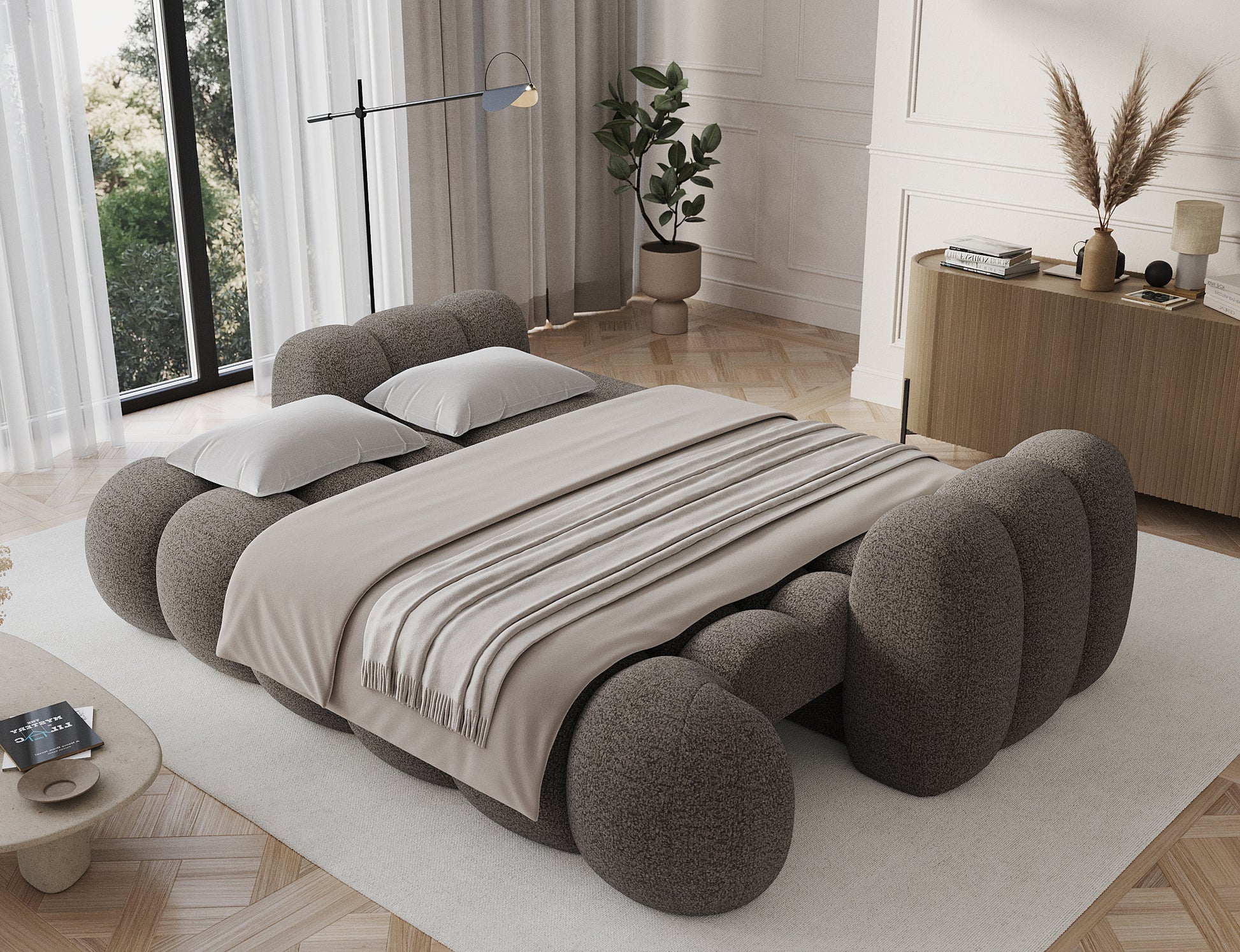 Sofa Cotonn Royal 20 w kolorze ciemnego beżu rozłożona w funkcji spania – widok aranżacyjny w eleganckim wnętrzu.