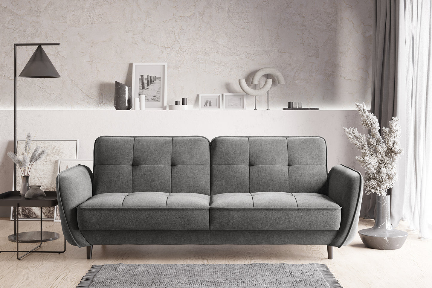 Sofa do salonu Bellis z funkcją spania w kolorze stalowym w aranżacji wnętrza