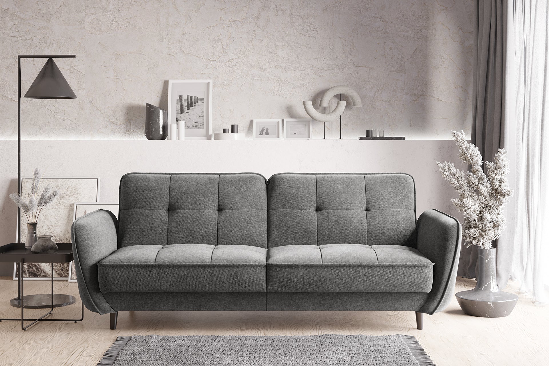 Sofa do salonu Bellis z funkcją spania w kolorze stalowym w aranżacji wnętrza