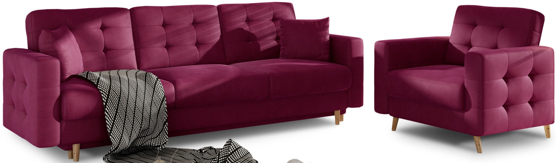 Komplet Matt Velvet 68 w odcieniu burgundu obejmuje wygodną sofę oraz dopasowany fotel. Intensywna kolorystyka ożywia aranżację wnętrza.
