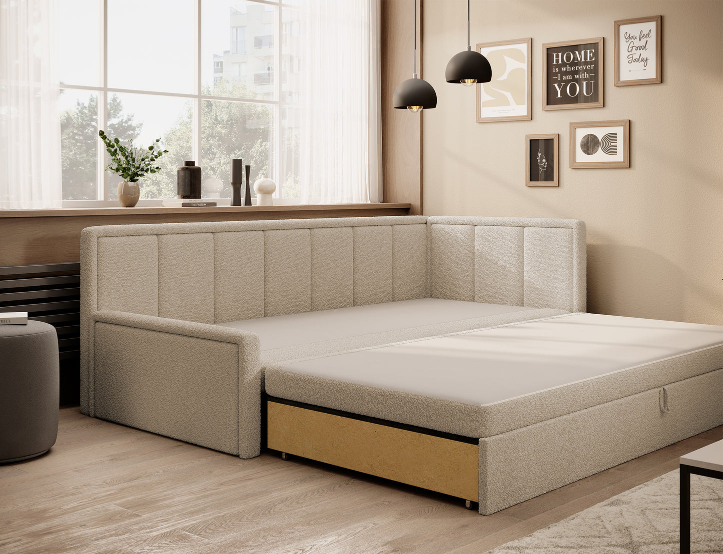 Sofa Fulgeo prawy Royal 18 kremowy z funkcją spania – rozłożona powierzchnia do snu w jasnym, przytulnym salonie.
