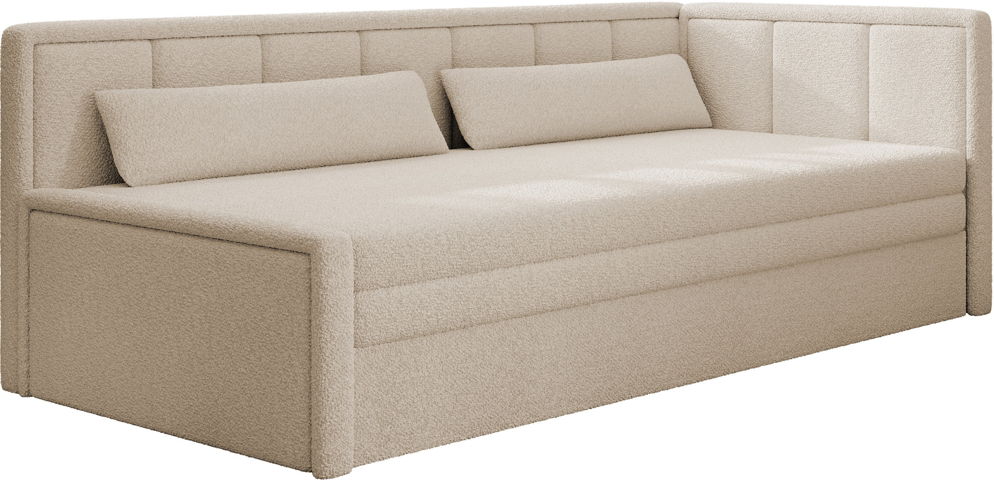 Sofa Fulgeo prawy Royal 18 kremowy – ujęcie skośne, tapicerka boucle i pionowe przeszycia oparcia w nowoczesnym wnętrzu.