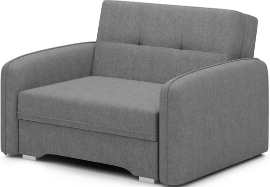 Sofa Laine 1-osobowa w tkaninie Poco 04 w kolorze szarym – nowoczesna forma, packshot pod kątem na białym tle, do prezentacji katalogowej.