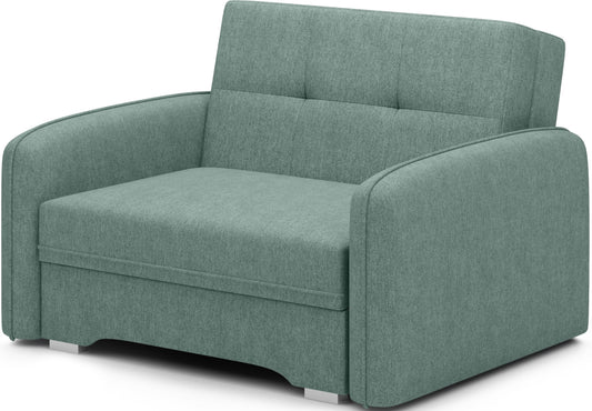 Sofa Laine 1-osobowa w tkaninie Poco 100 jasnozielony z zaokrąglonymi podłokietnikami, widok z ukosa.