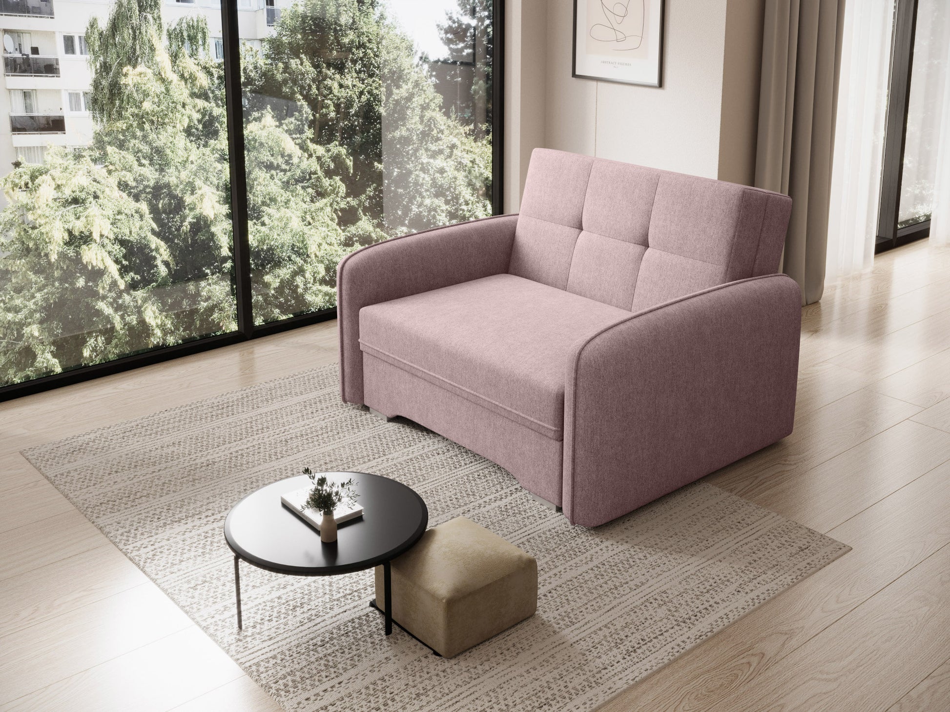 Jednoosobowa sofa Laine w tkaninie Poco 101 w kolorze różowym, ustawiona przy oknie w nowoczesnym wnętrzu z jasną podłogą.
