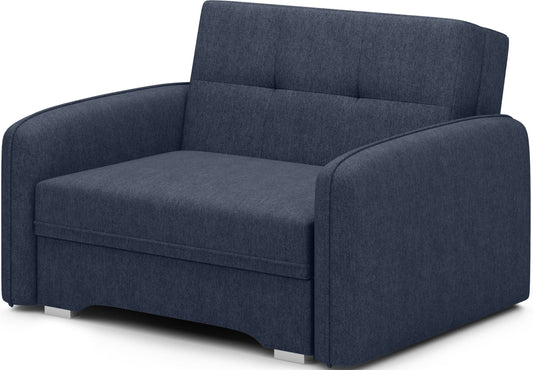 Granatowa sofa Laine 1-osobowa z tkaniny Poco 40 sfotografowana pod lekkim kątem, przedstawiona w wersji katalogowej na jasnym tle.