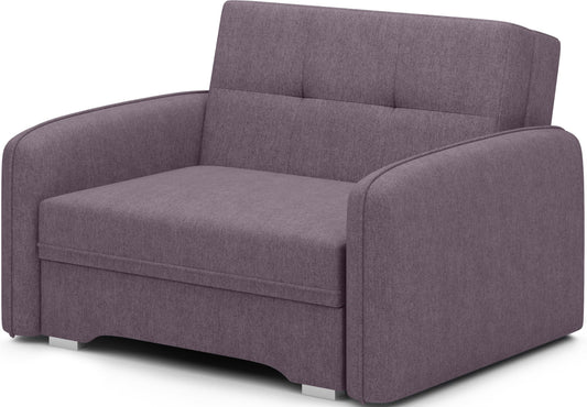 Ujęcie produktowe sofy Laine 1-osobowej w tkaninie Poco 41 jasnofioletowy, uchwyconej w lekkim skosie na jasnym tle.
