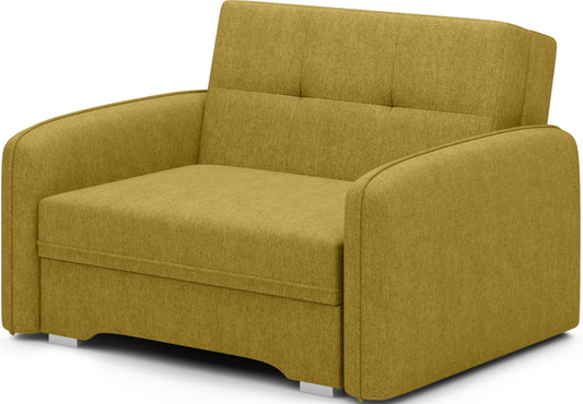 Sofa Laine 1-osobowa w tkaninie Poco 50 w odcieniu żółtym, ujęcie typu packshot pod kątem, pokazujące formę i bryłę mebla.