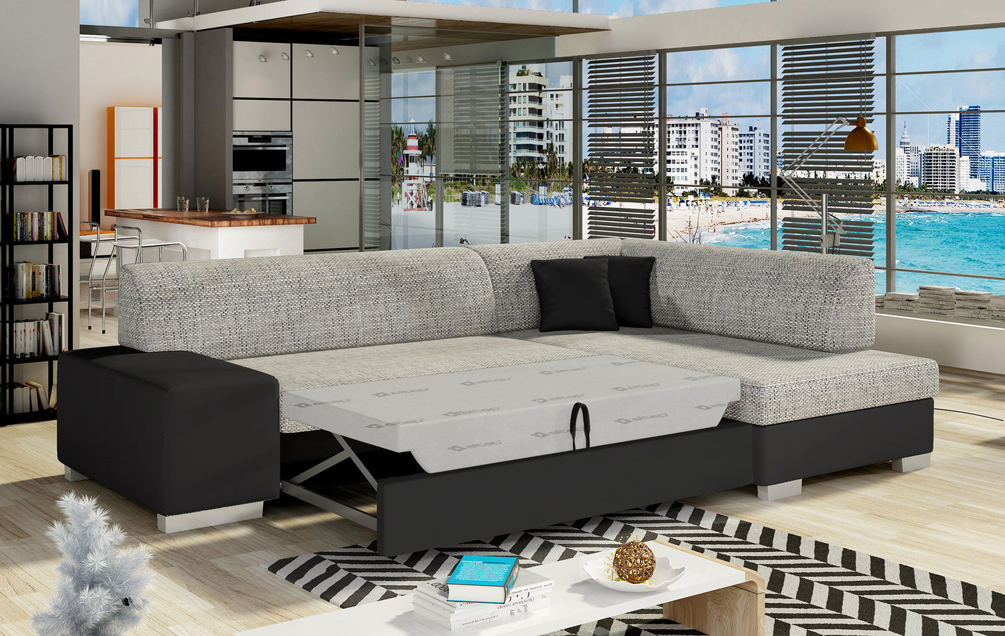 Sofa narożna prawa ELTAP, obicie Berlin 01 szary i Soft 11 czarny – zbliżenie na wykończenie