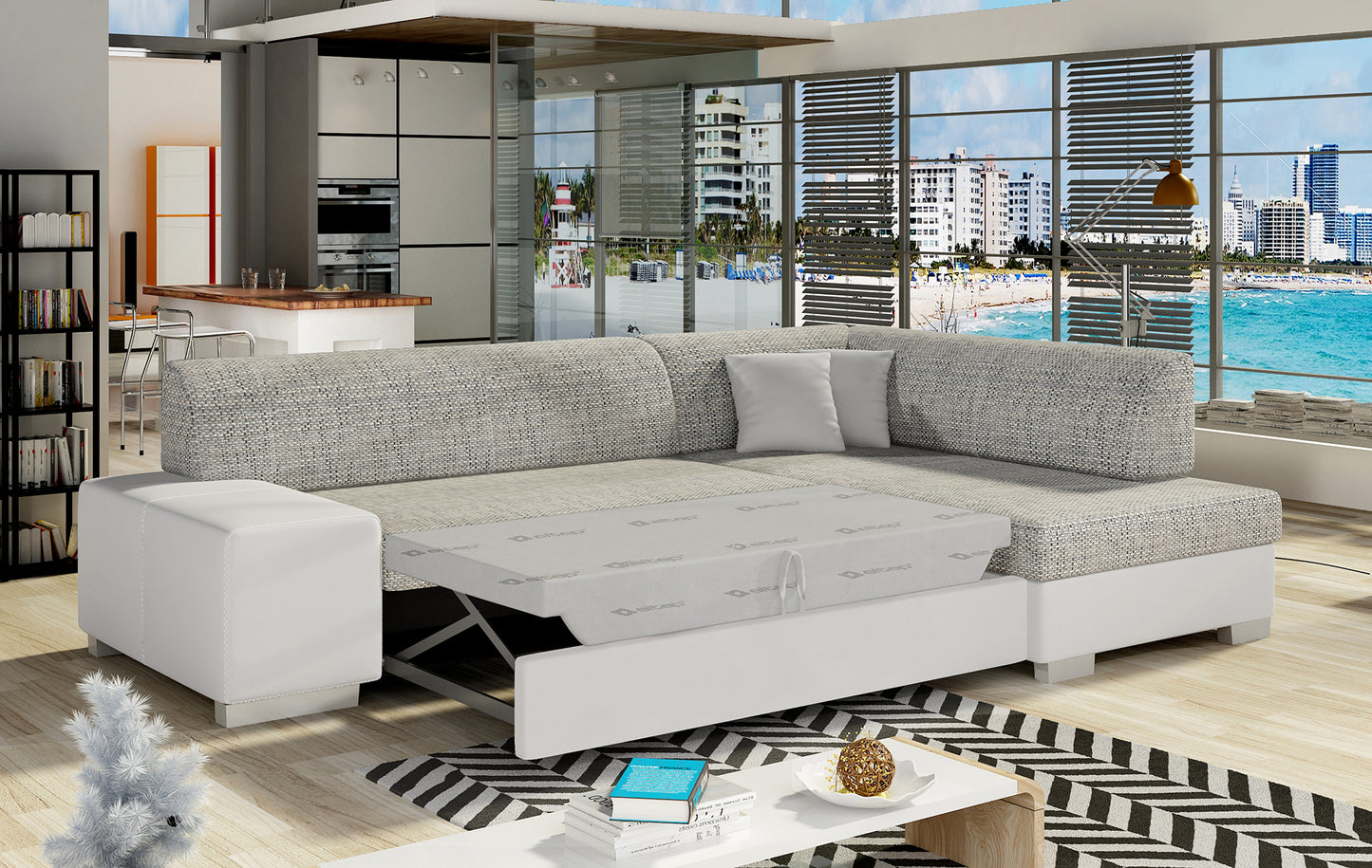 Sofa narożna prawa ELTAP, obicie Berlin 01 szary i Soft 17 biały – zbliżenie na wykończenie