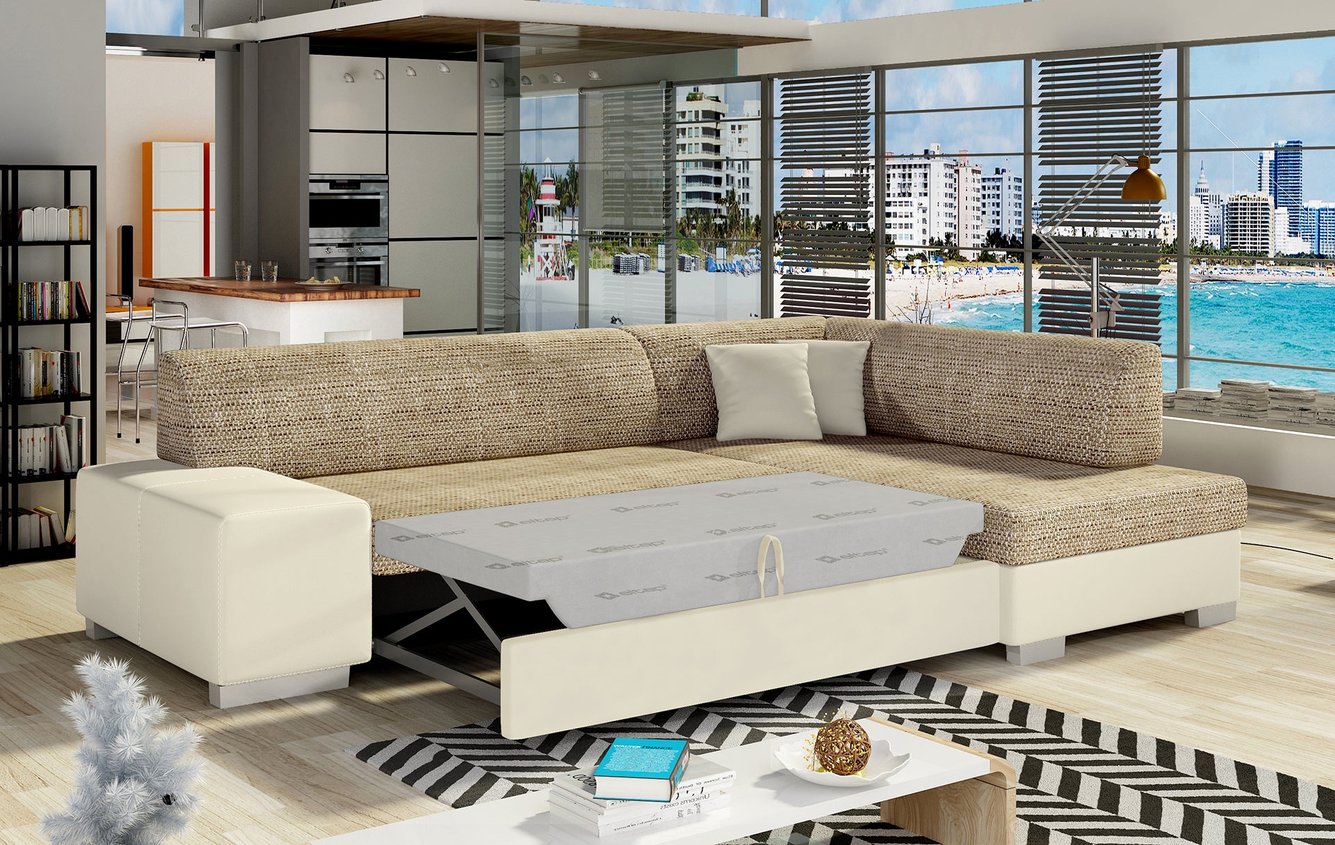 Sofa narożna prawa ELTAP, obicie Berlin 03 i Soft 33 beżowy – zbliżenie na wykończenie