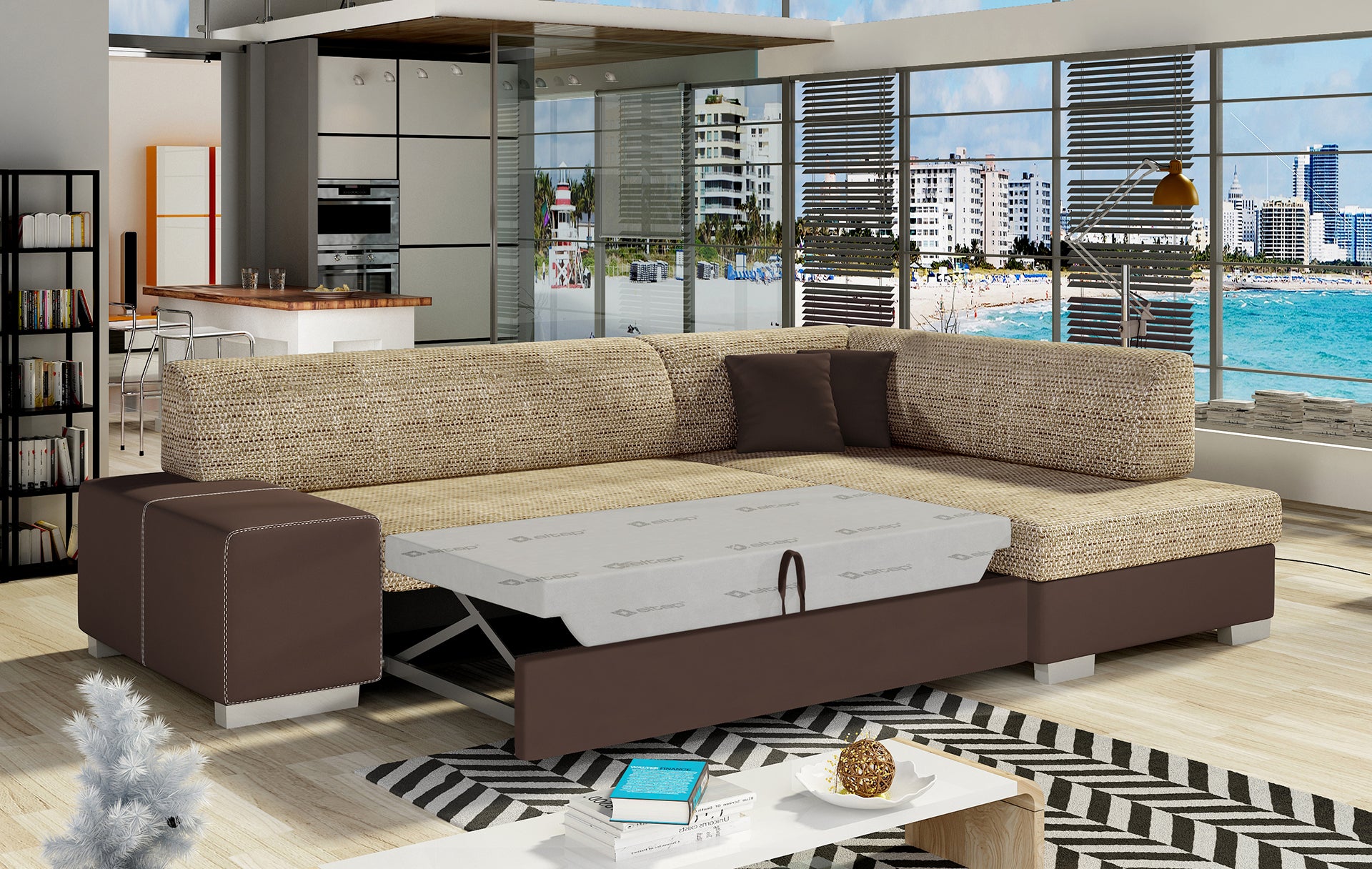 Sofa narożna prawa ELTAP, obicie Berlin 03 beżowy i Soft 66 brązowy – zbliżenie na wykończenie