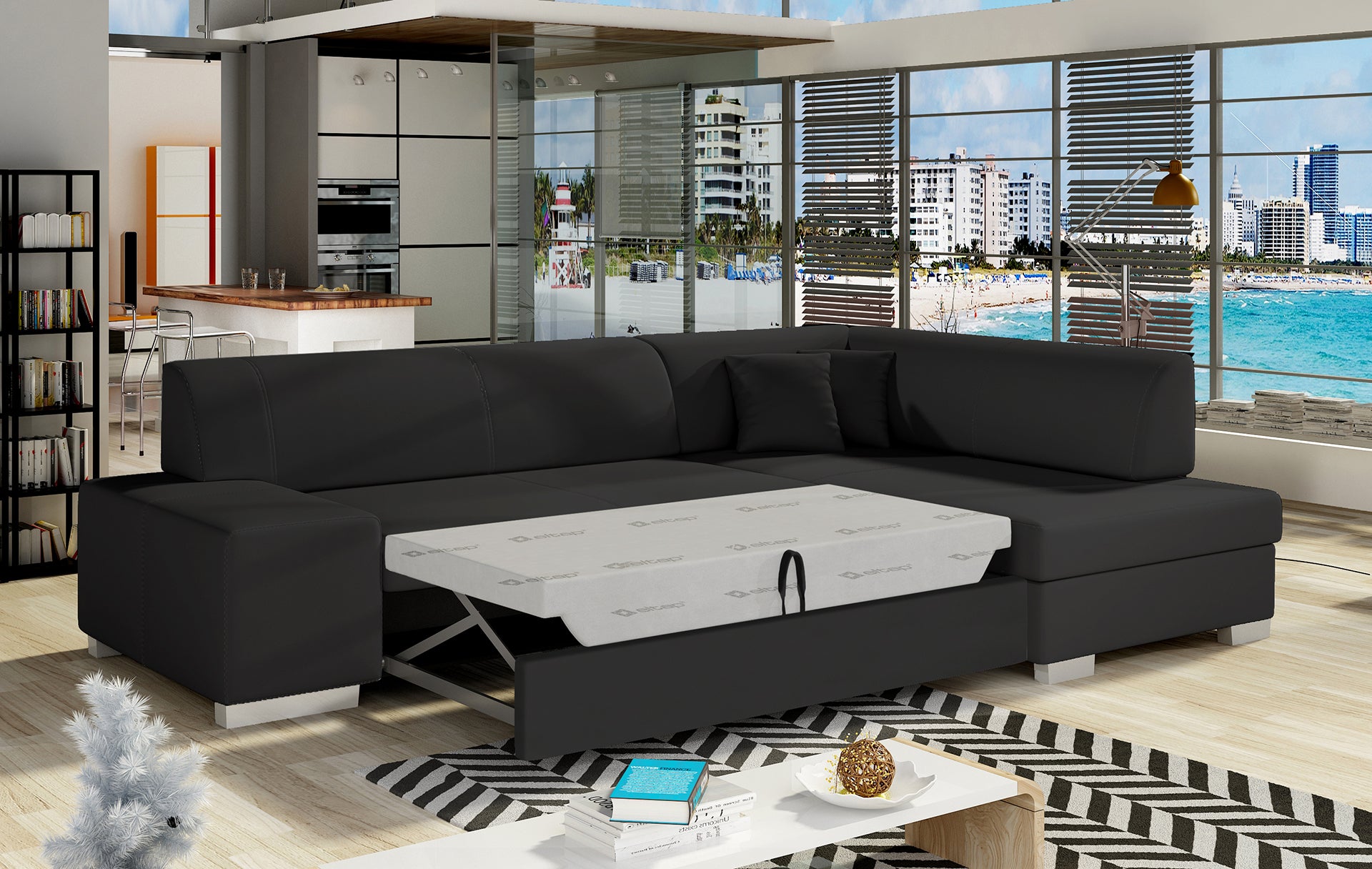 Sofa narożna prawa ELTAP, obicie Soft 11 czarny – zbliżenie na wykończenie