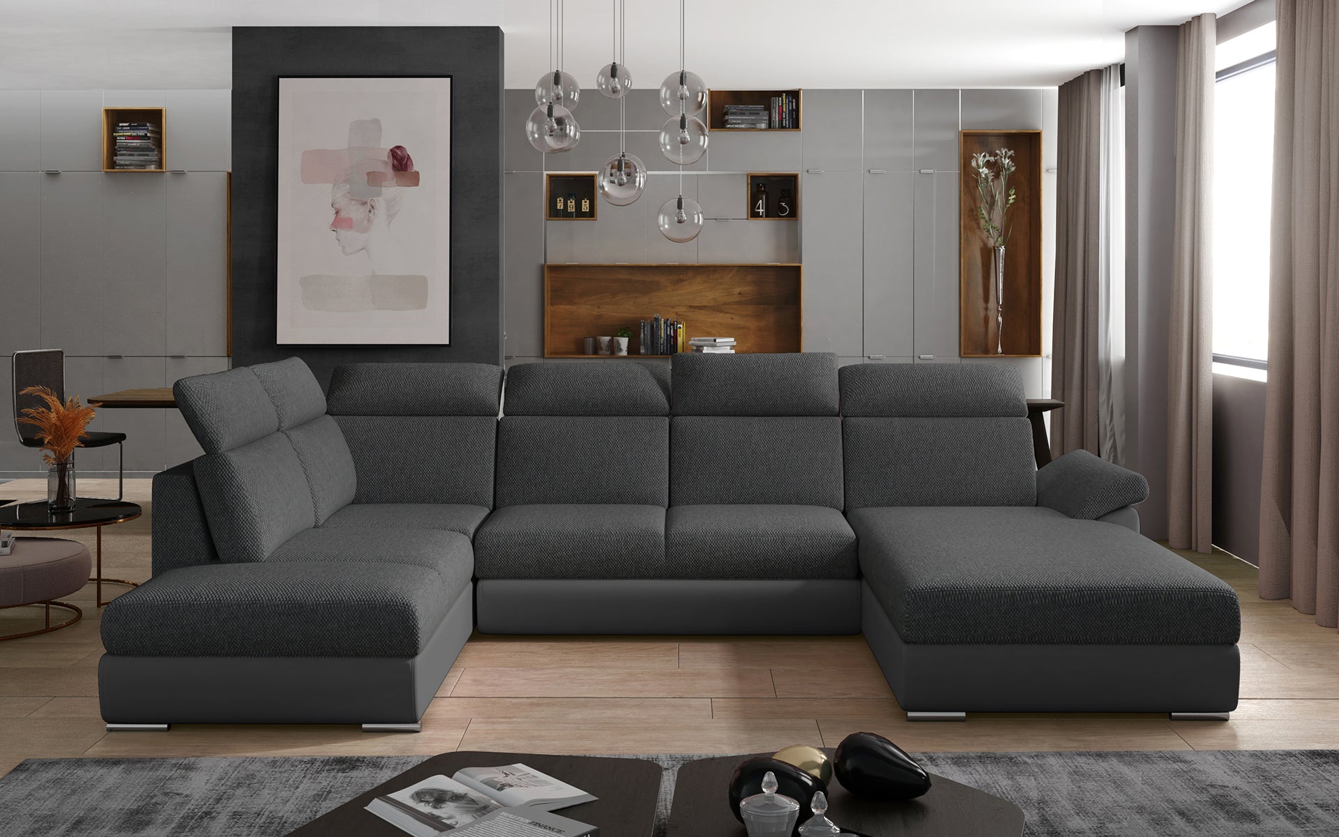 Stylowa sofa narożna Evanell w odcieniu ciemnoszarym łączy tkaniny Inari 96 i Soft 29, oferując miękkie siedziska, funkcjonalny szezlong oraz przestrzeń idealną dla rodzin poszukujących wygodnego narożnika do dużego salonu