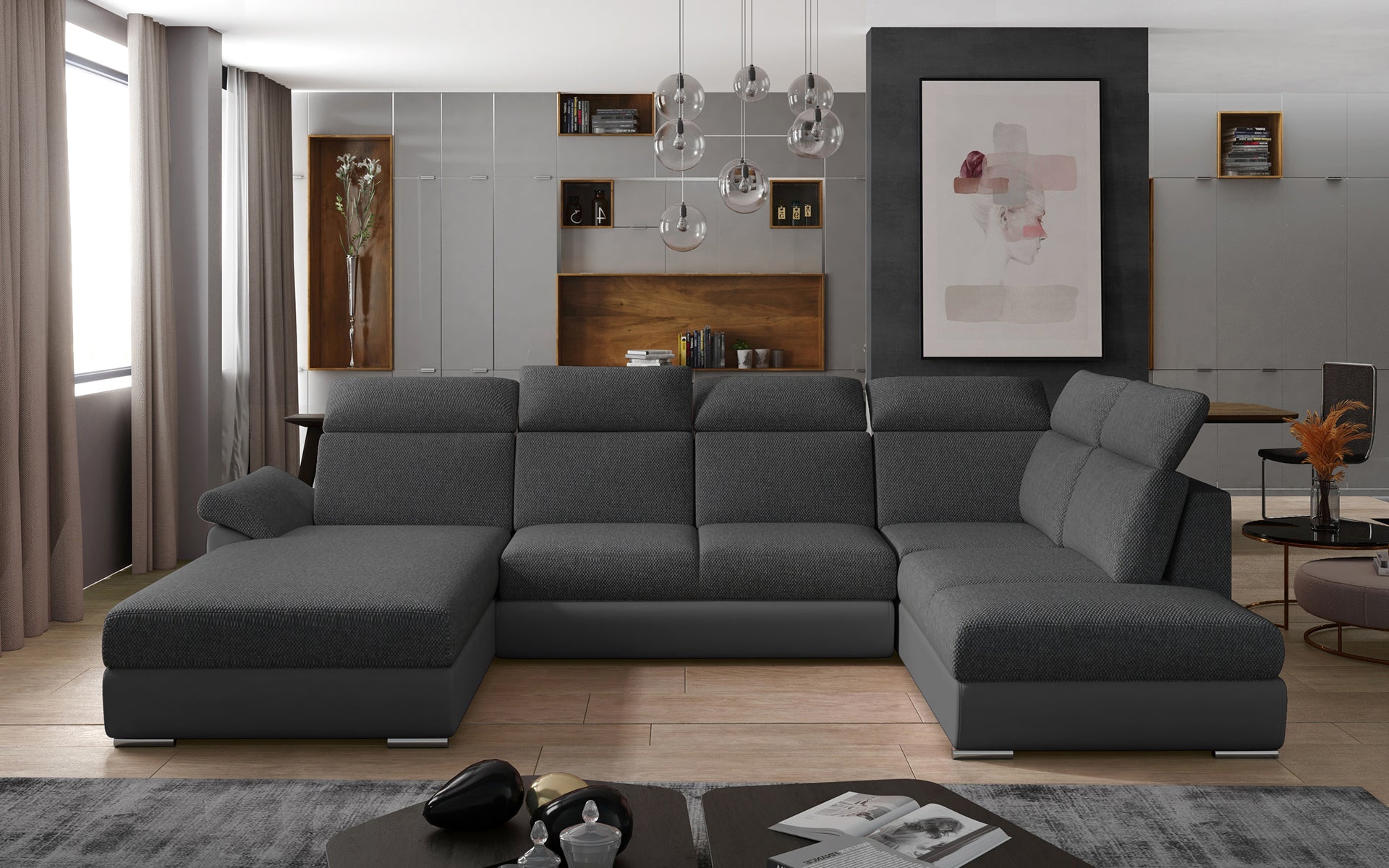 Ciemnoszara sofa narożna Evanell wykonana z materiałów Inari 96 i Soft 29 to doskonały wybór dla rodzin, które potrzebują komfortowego i trwałego mebla do salonu, zapewniającego wygodne siedziska i funkcjonalny układ