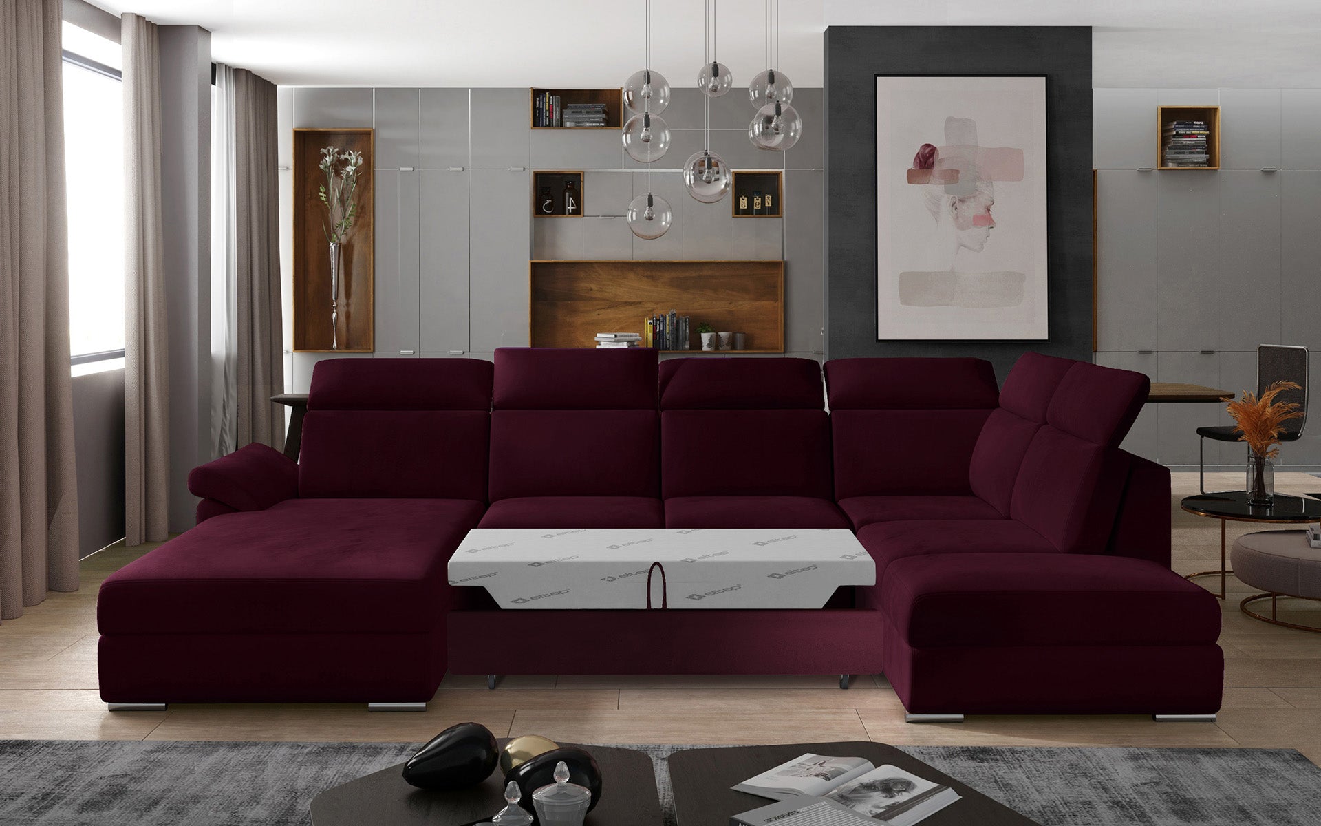 Luksusowy narożnik do salonu Evanell w odcieniu bordowym, tapicerowany tkaniną Matt Velvet 68, łączy elegancki wygląd z wygodą użytkowania, tworząc idealne miejsce do relaksu dla całej rodziny w domowej przestrzeni