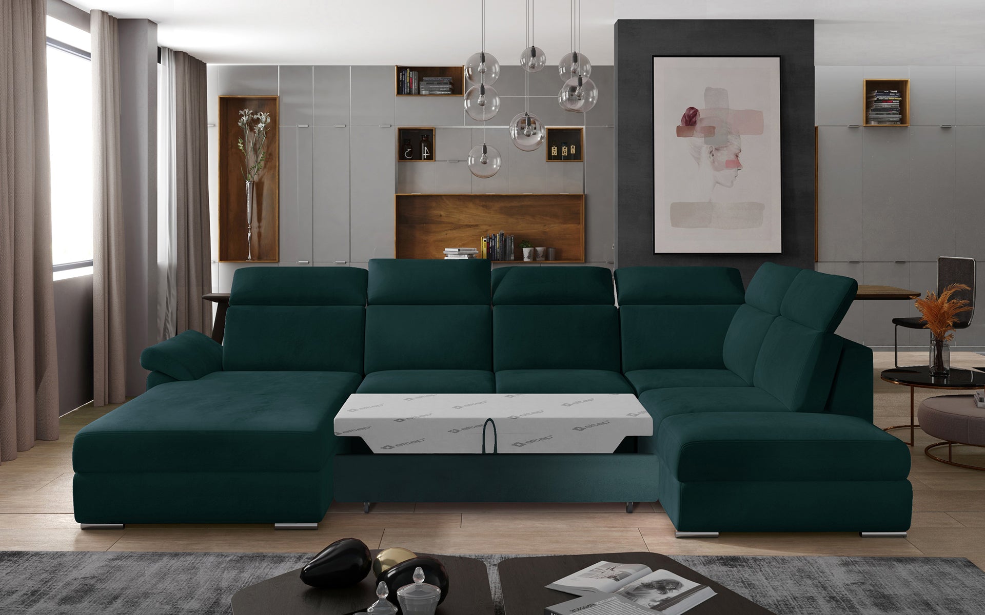 Narożnik do salonu Evanell w odcieniu zieleni, tapicerowany tkaniną Matt Velvet 75, łączy modny design z funkcjonalnością, oferując przestronne siedziska i komfort użytkowania dla całej rodziny